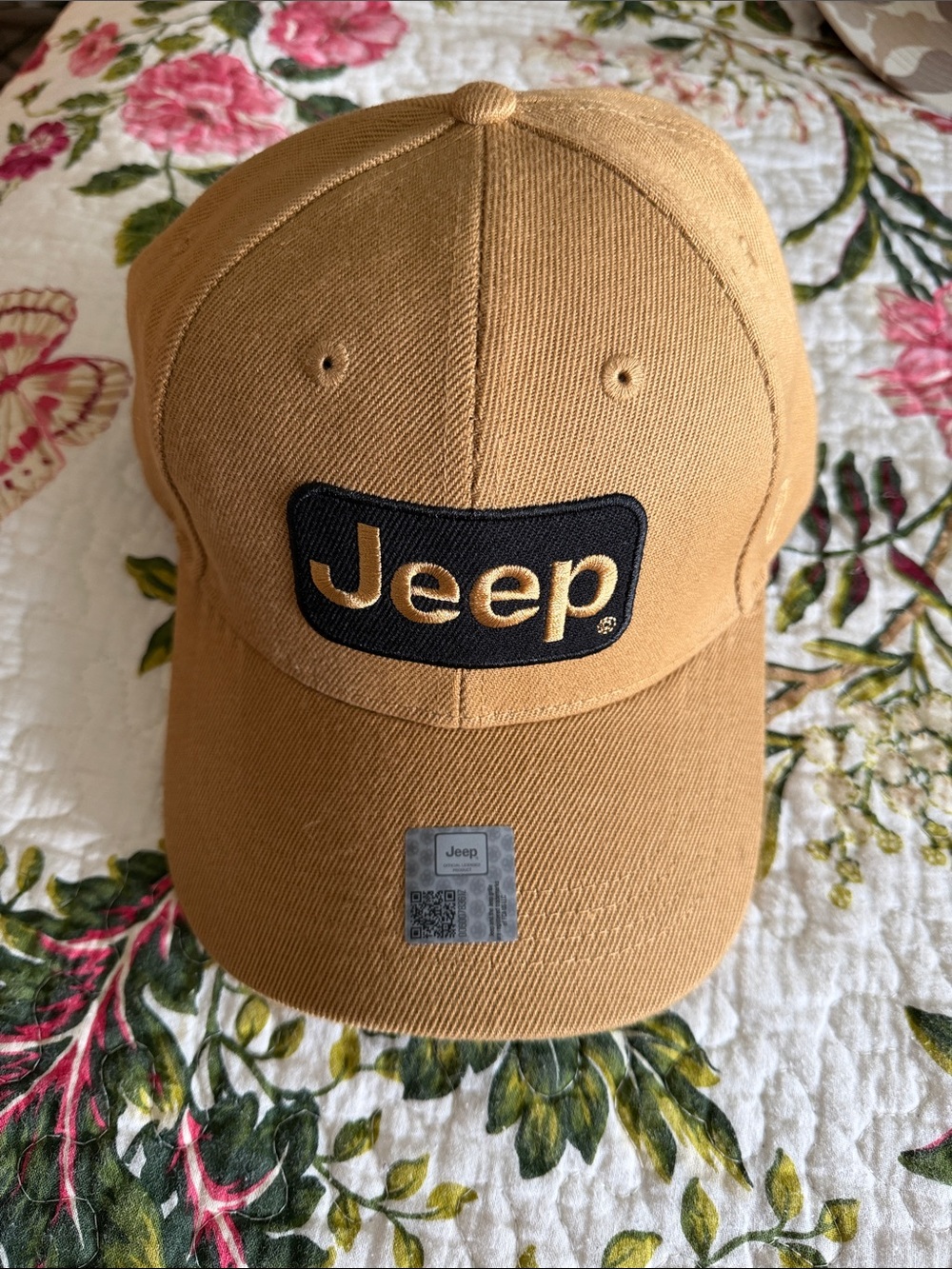 Jeep Tan Baseball Cap with Black Patch and Gold Logo